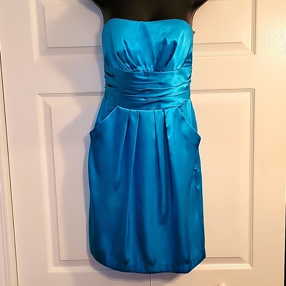 David's Bridal blue strapless dress